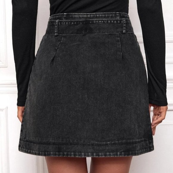 Black Preppy Womens Pocket Side Wrap Belted Skirt - Picture 2 of 4